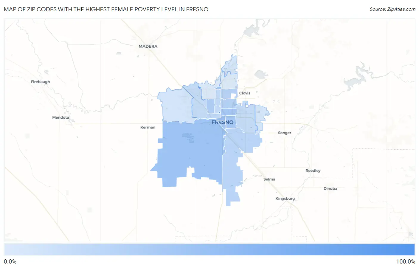 Zip Codes with the Highest Female Poverty Level in Fresno Map