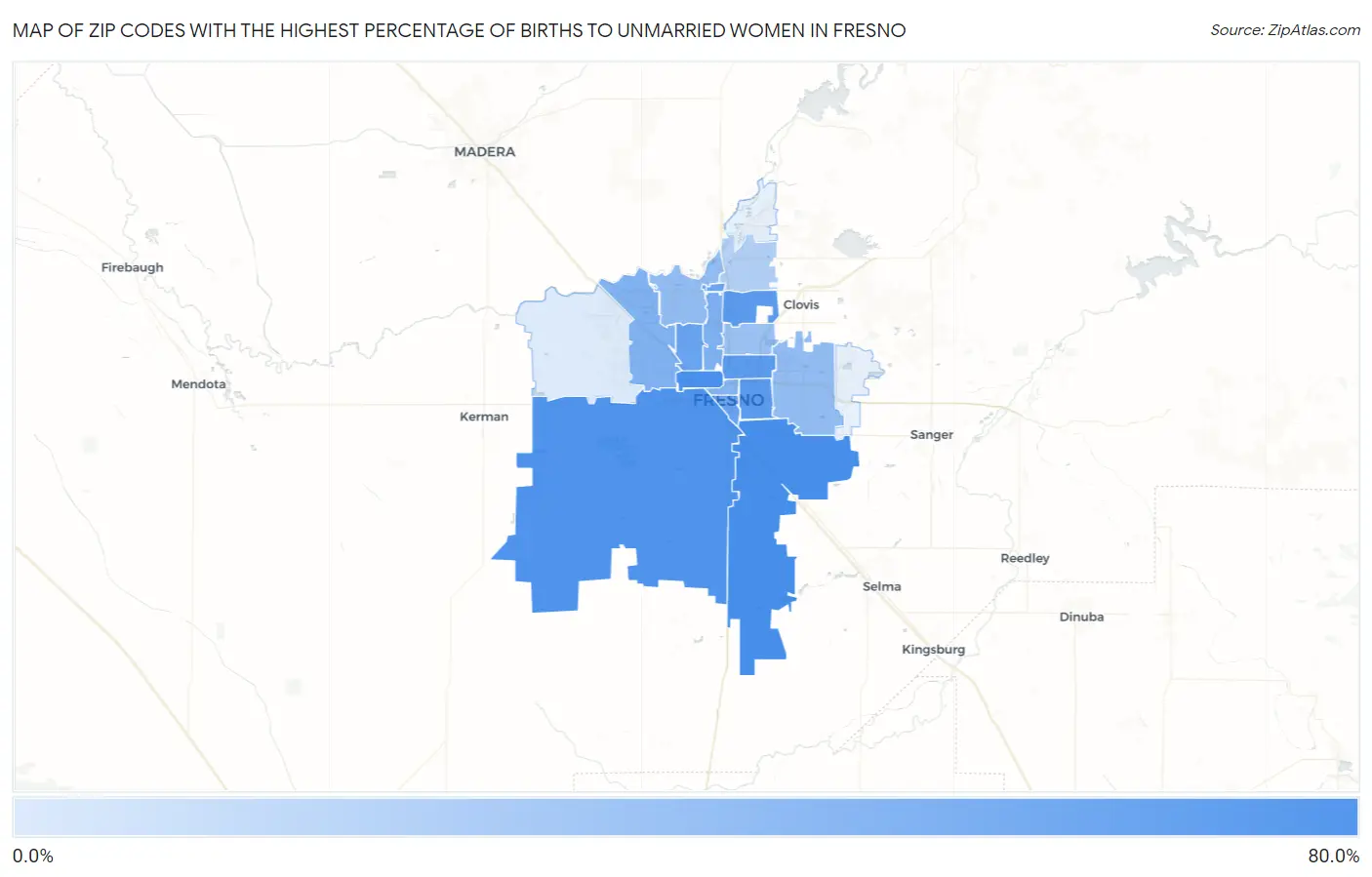 Zip Codes with the Highest Percentage of Births to Unmarried Women in Fresno Map