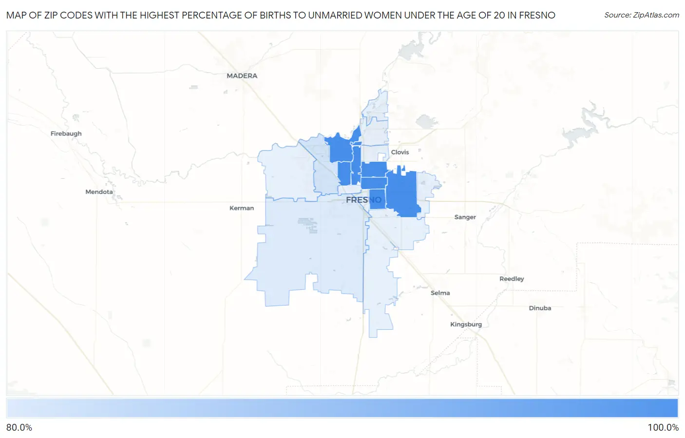 Zip Codes with the Highest Percentage of Births to Unmarried Women under the Age of 20 in Fresno Map