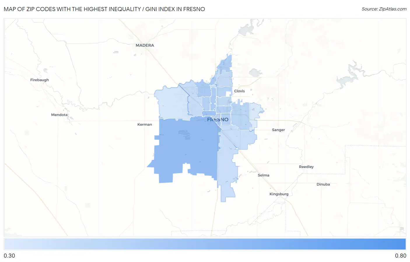 Zip Codes with the Highest Inequality / Gini Index in Fresno Map