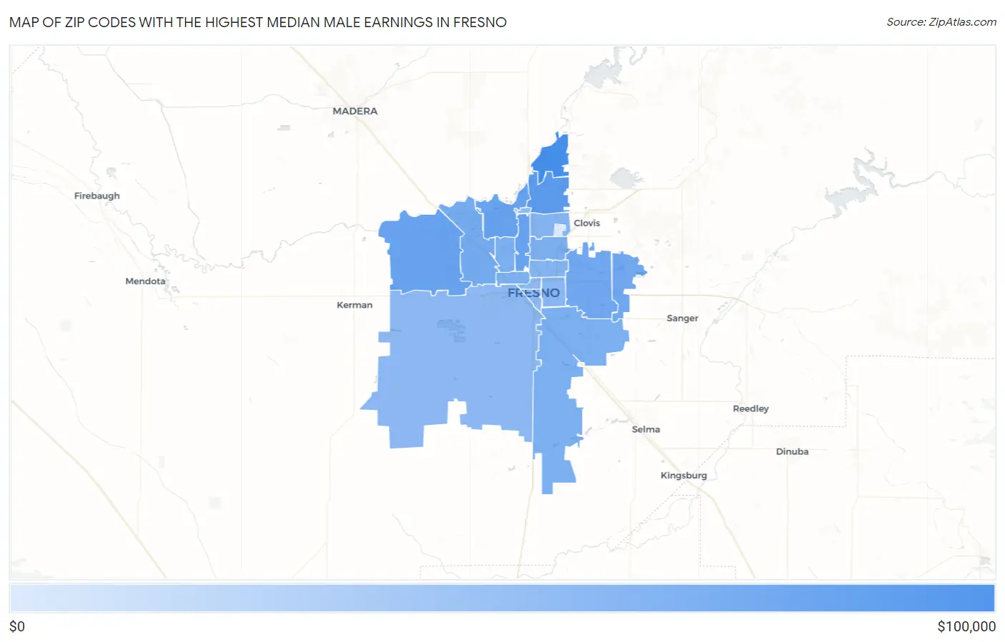 Zip Codes with the Highest Median Male Earnings in Fresno Map