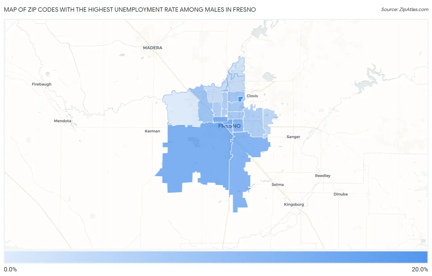 Zip Codes with the Highest Unemployment Rate Among Males in Fresno Map