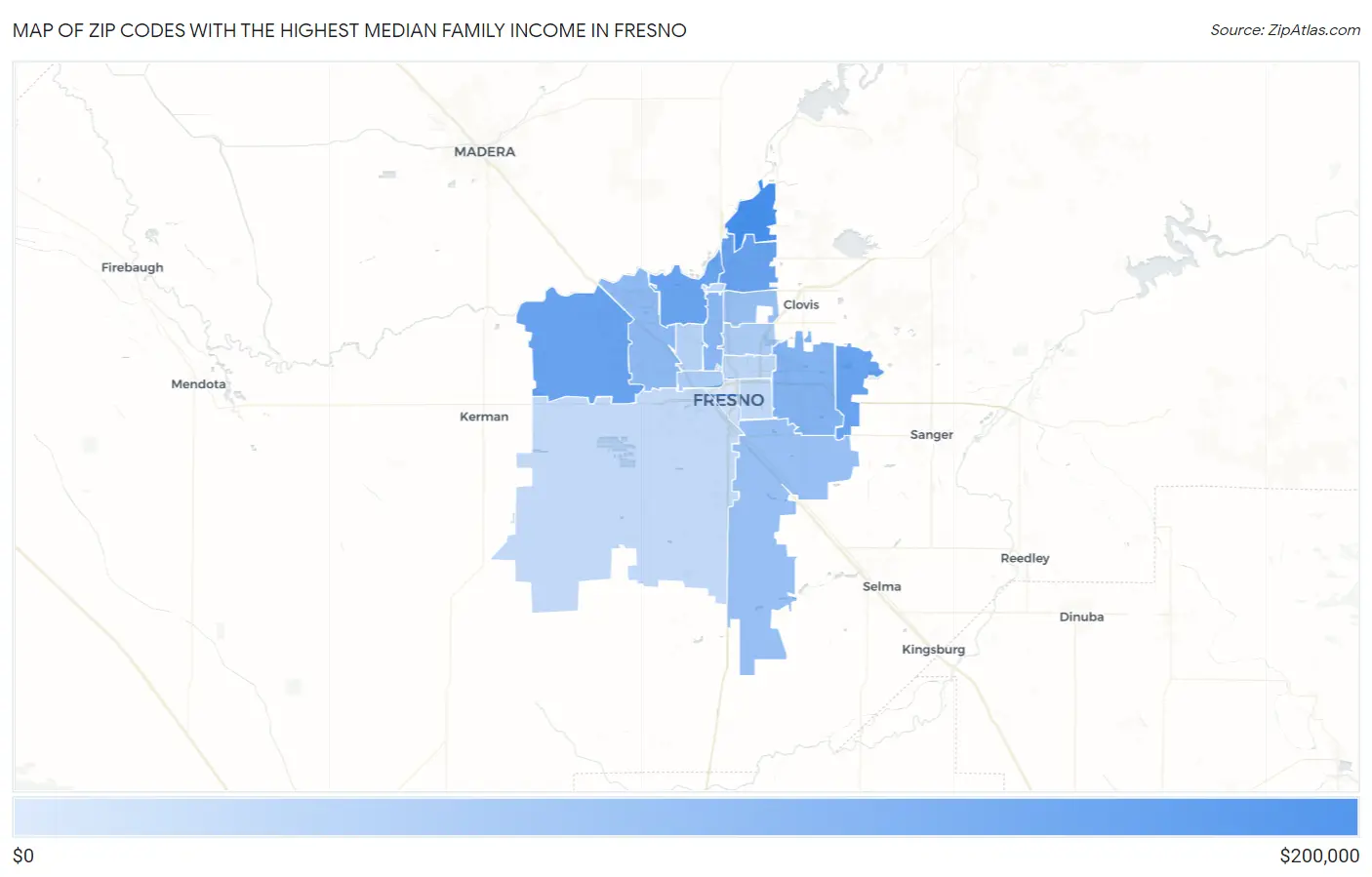 Zip Codes with the Highest Median Family Income in Fresno Map