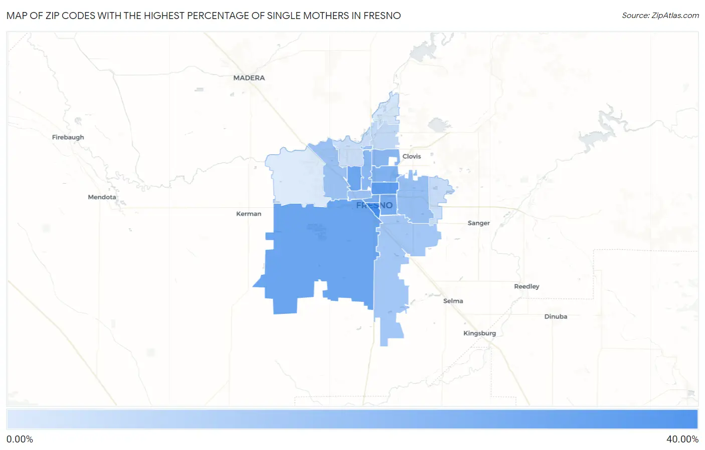 Zip Codes with the Highest Percentage of Single Mothers in Fresno Map