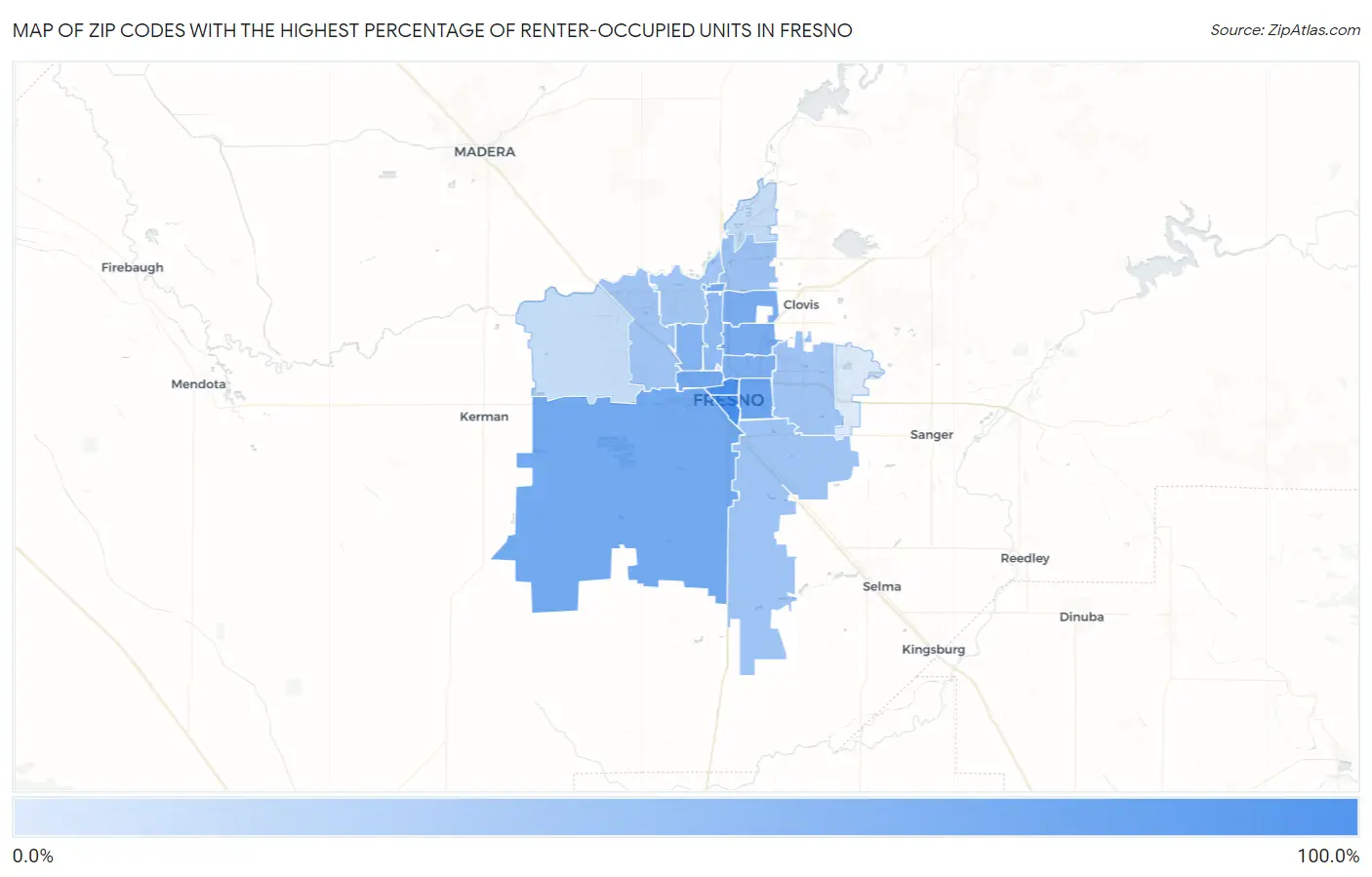 Zip Codes with the Highest Percentage of Renter-Occupied Units in Fresno Map