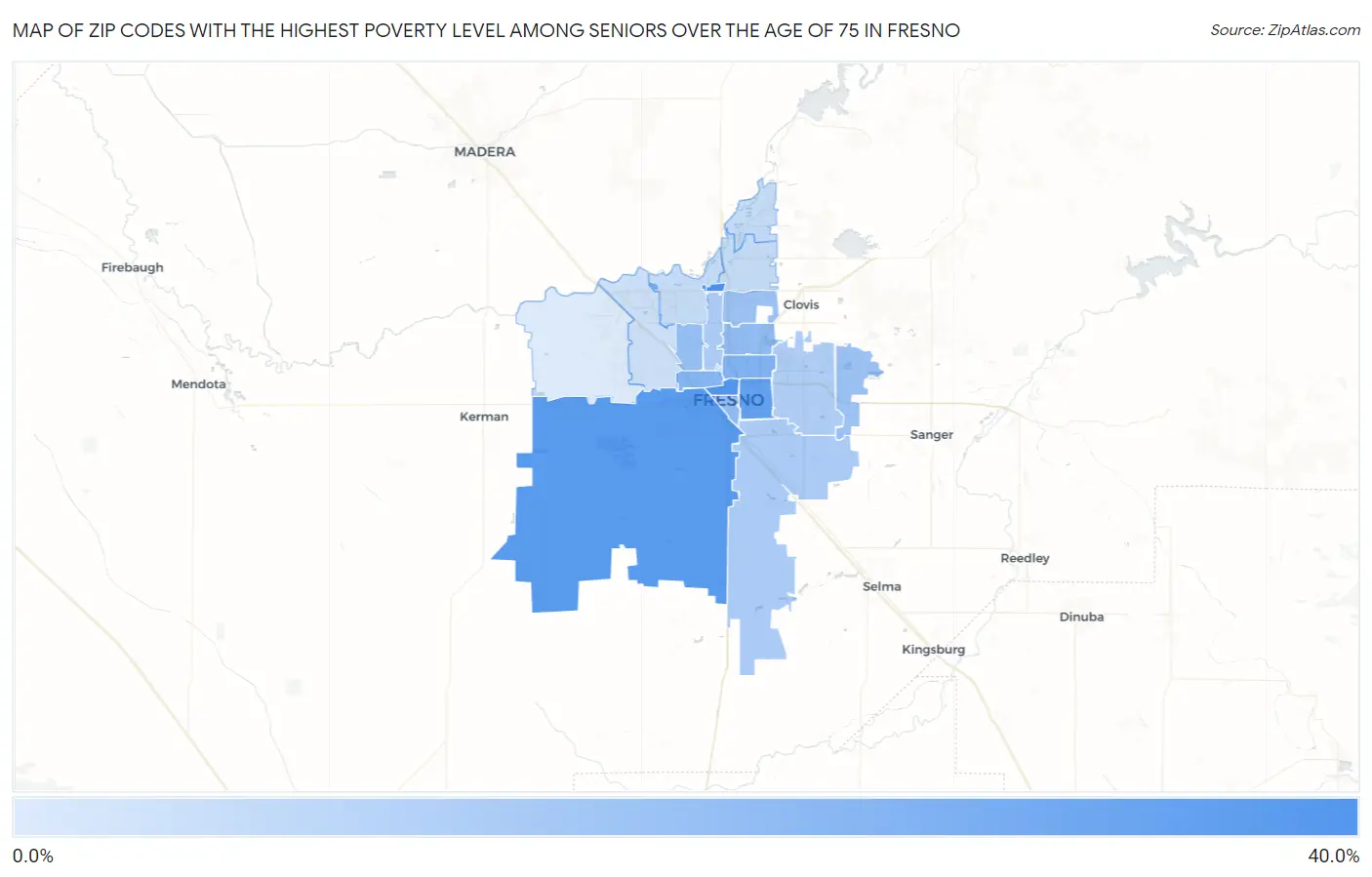 Zip Codes with the Highest Poverty Level Among Seniors Over the Age of 75 in Fresno Map