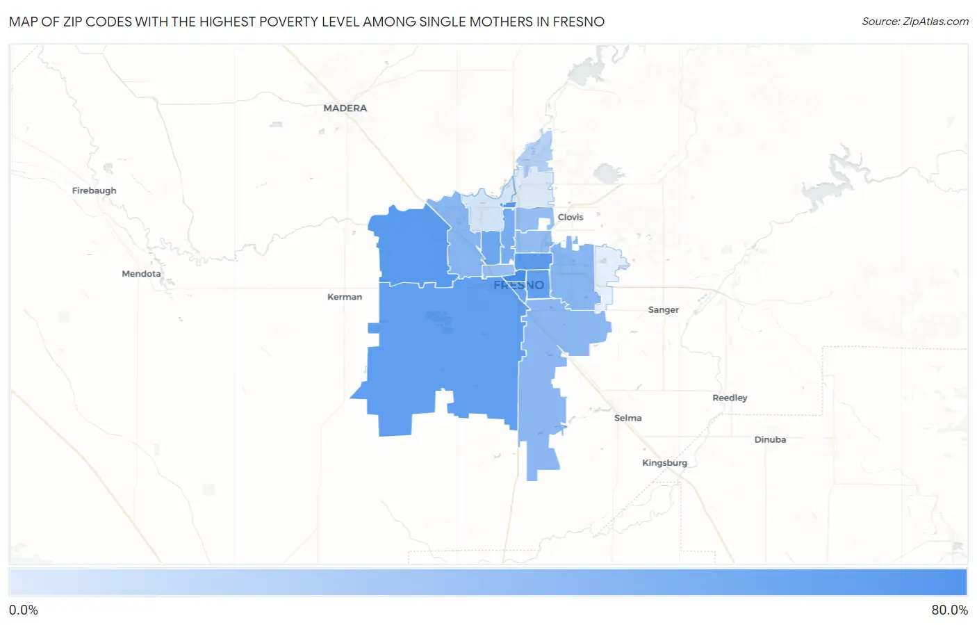Zip Codes with the Highest Poverty Level Among Single Mothers in Fresno Map