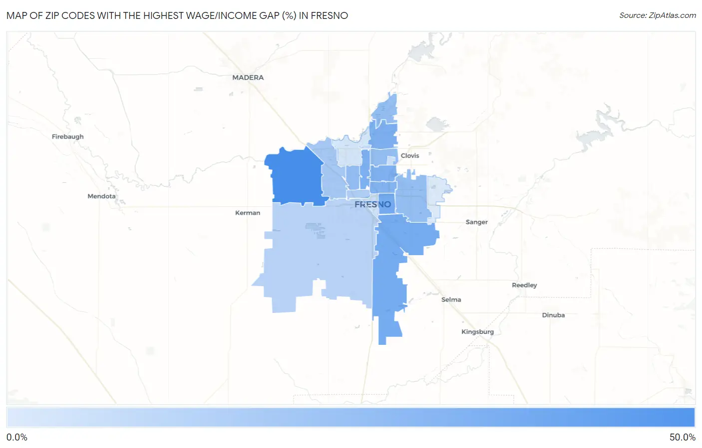 Zip Codes with the Highest Wage/Income Gap (%) in Fresno Map