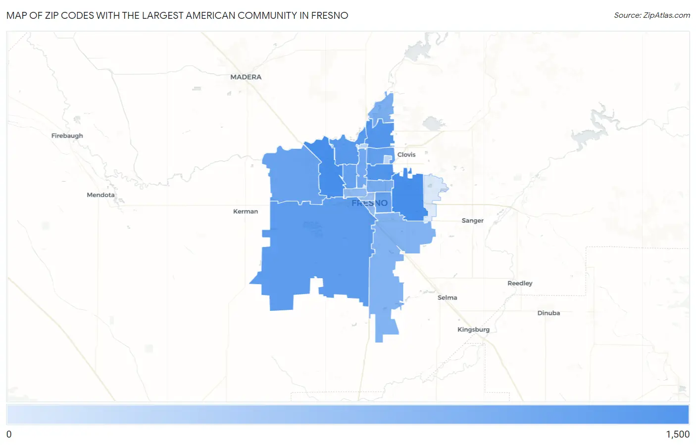 Zip Codes with the Largest American Community in Fresno Map