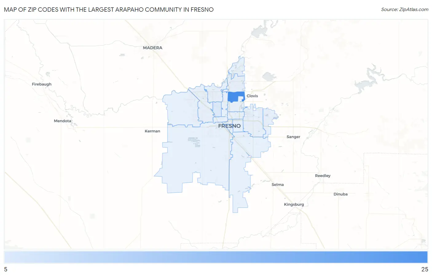 Zip Codes with the Largest Arapaho Community in Fresno Map
