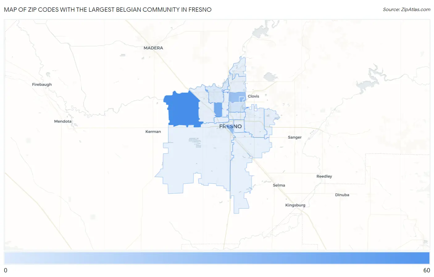 Zip Codes with the Largest Belgian Community in Fresno Map