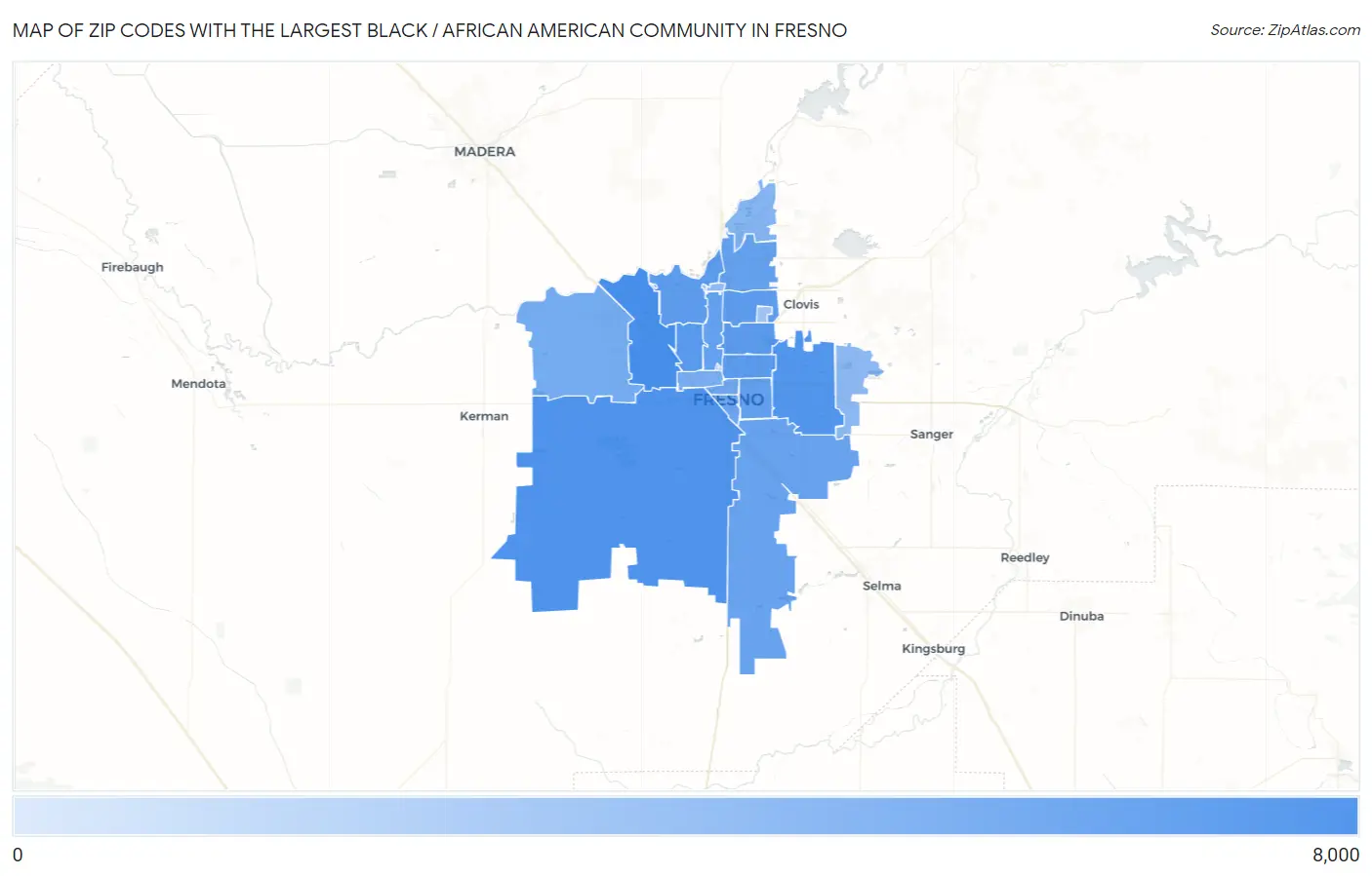 Zip Codes with the Largest Black / African American Community in Fresno Map