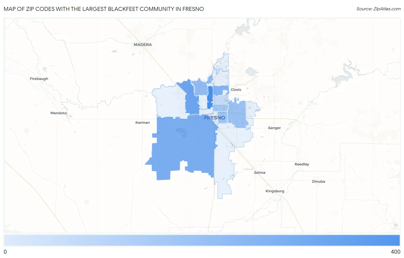 Zip Codes with the Largest Blackfeet Community in Fresno Map