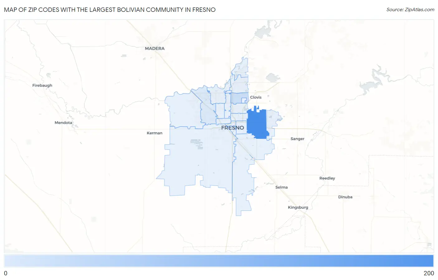 Zip Codes with the Largest Bolivian Community in Fresno Map