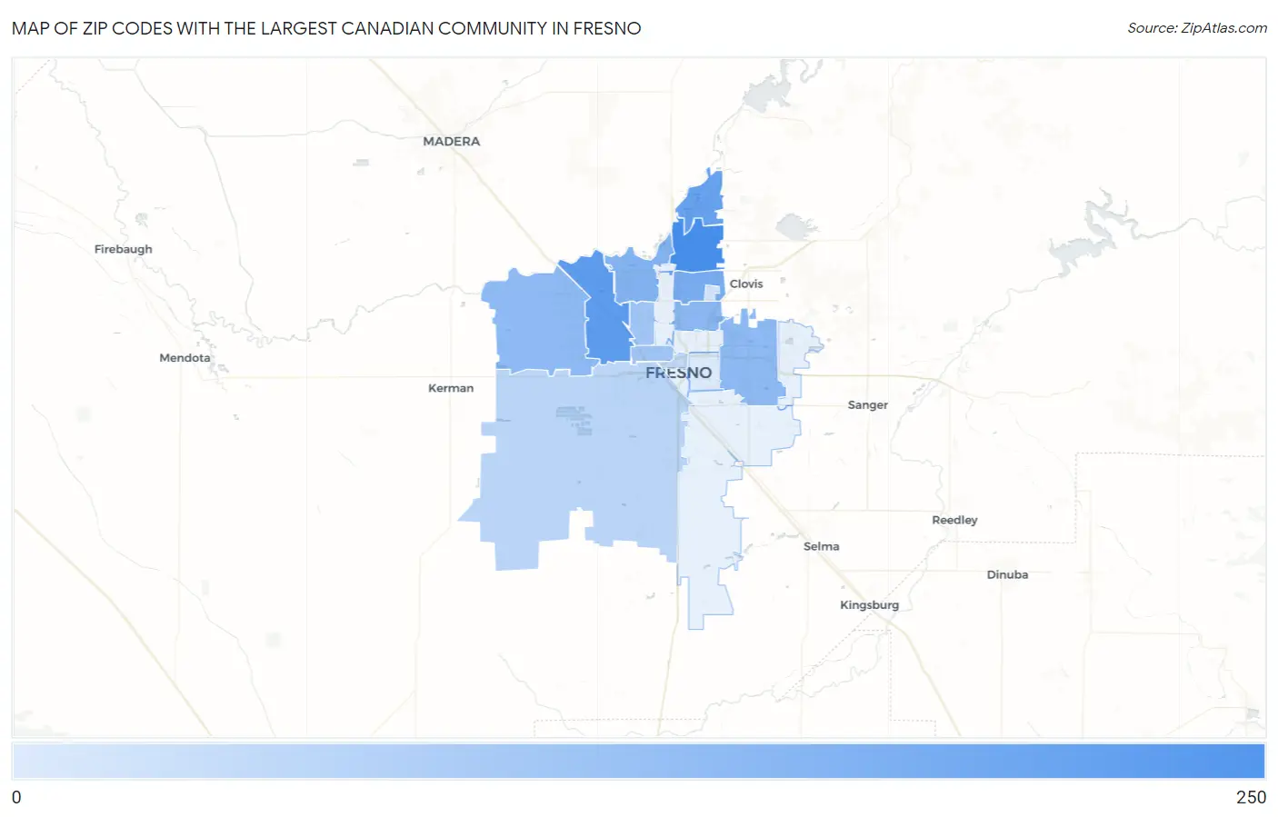 Zip Codes with the Largest Canadian Community in Fresno Map