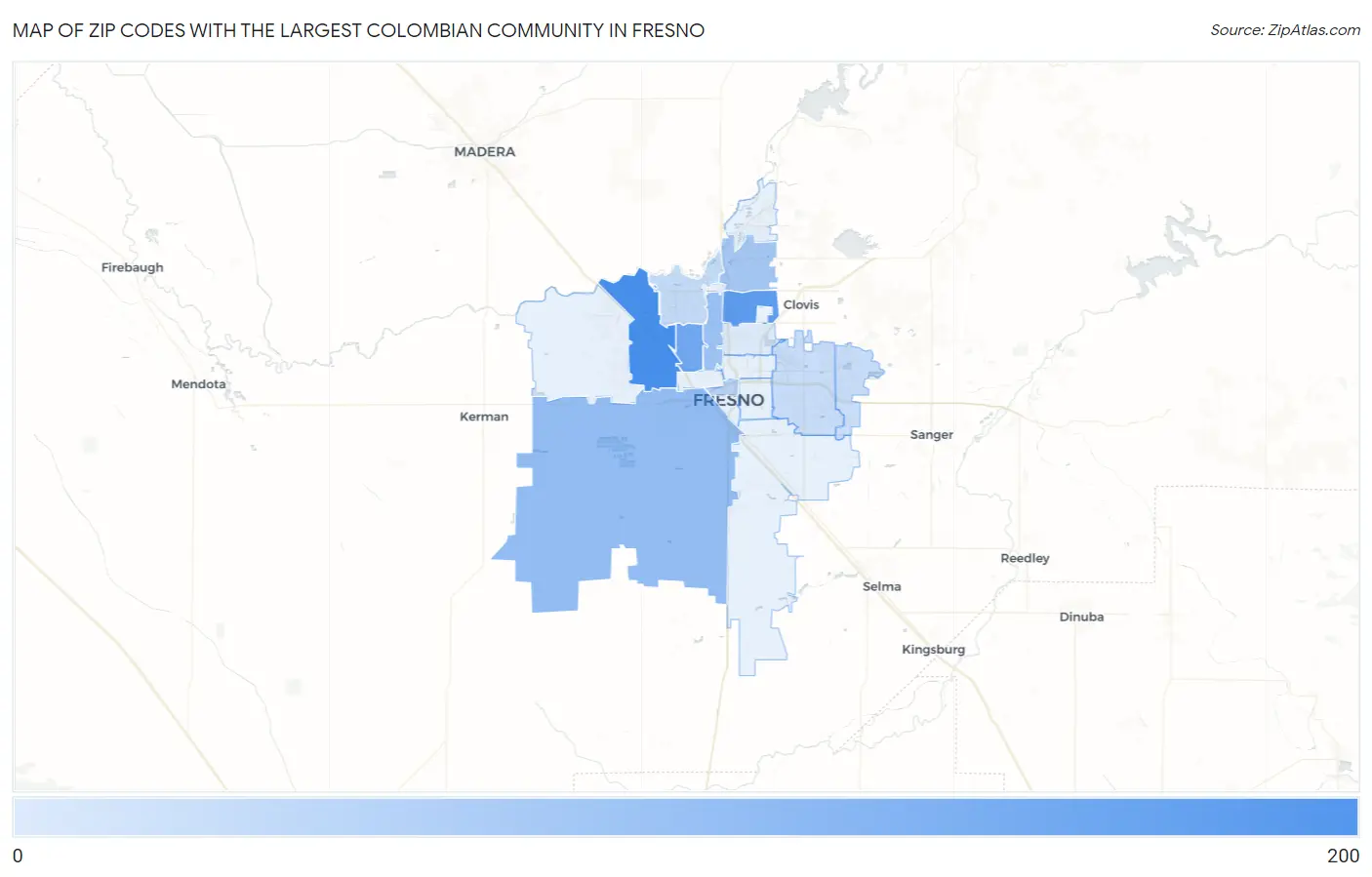 Zip Codes with the Largest Colombian Community in Fresno Map