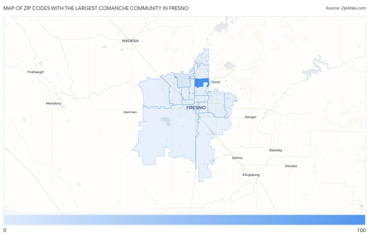 Zip Codes with the Largest Comanche Community in Fresno Map