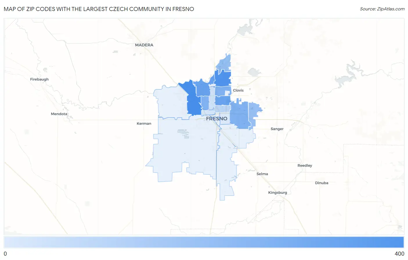 Zip Codes with the Largest Czech Community in Fresno Map