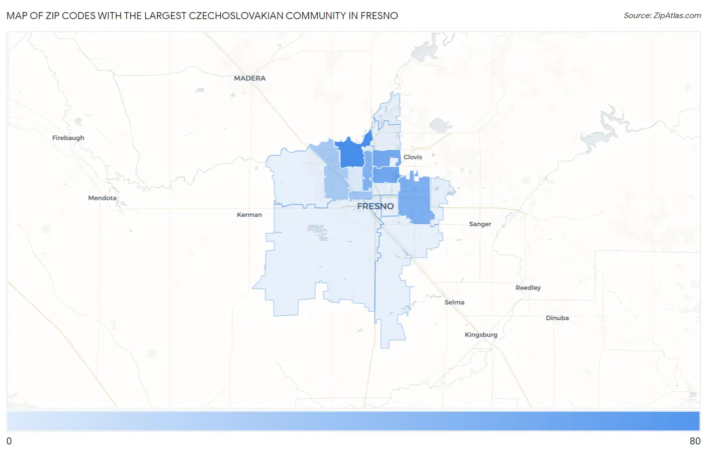 Zip Codes with the Largest Czechoslovakian Community in Fresno Map