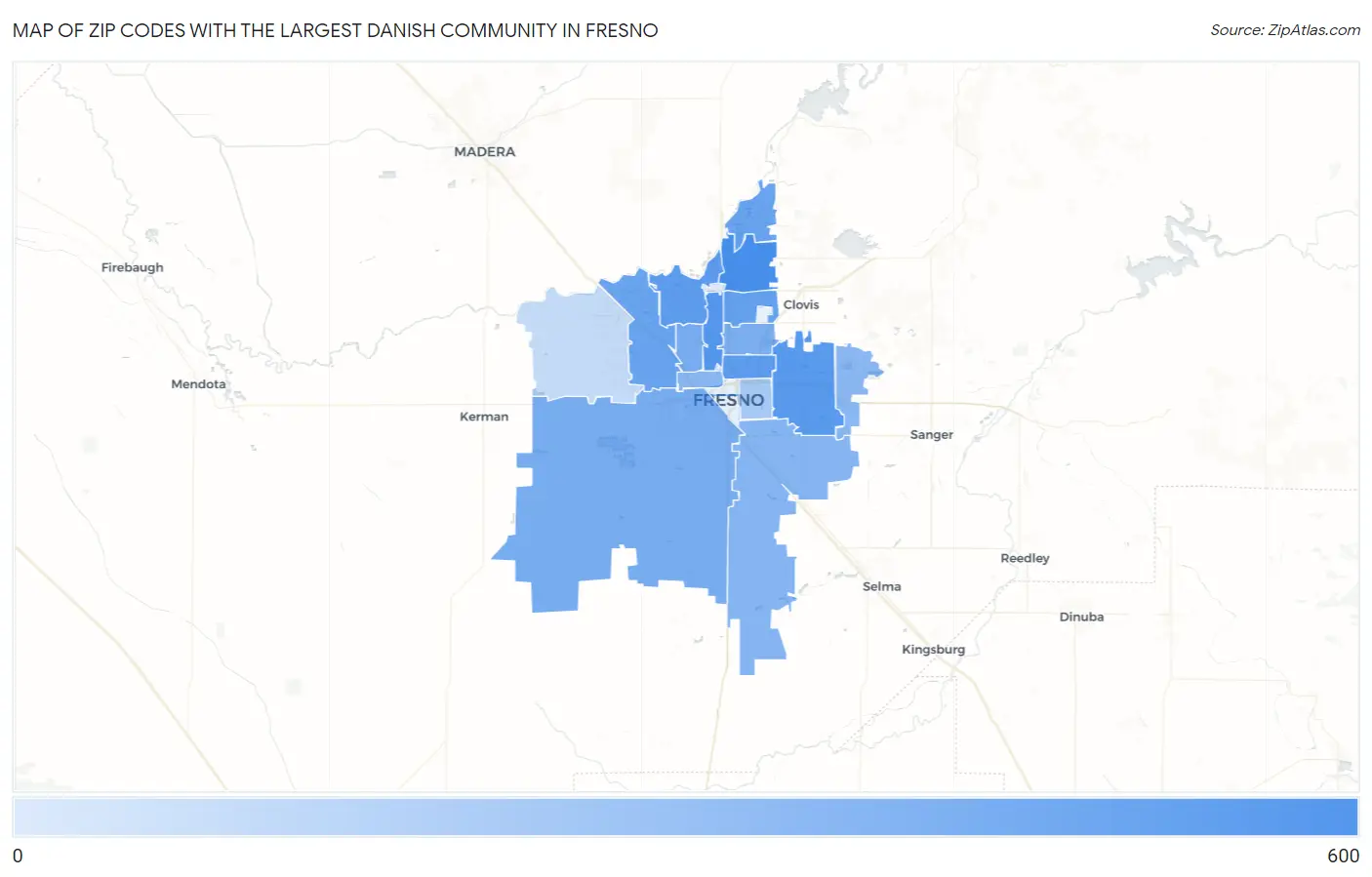 Zip Codes with the Largest Danish Community in Fresno Map
