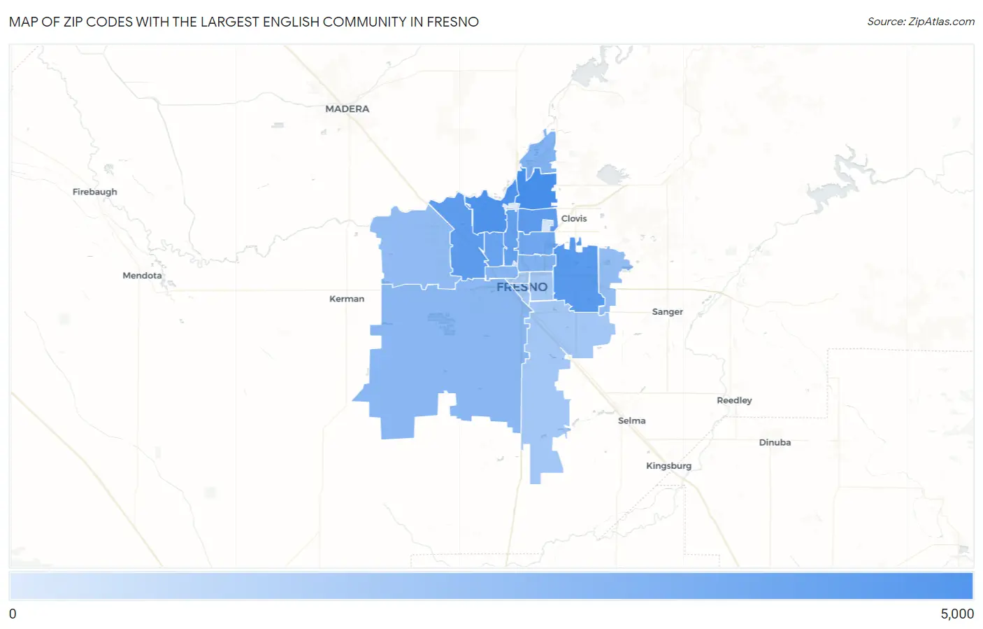 Zip Codes with the Largest English Community in Fresno Map