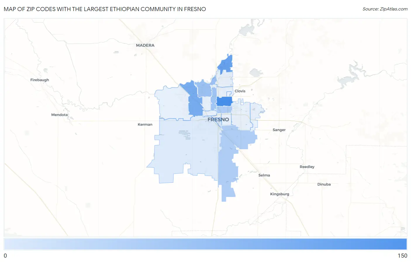 Zip Codes with the Largest Ethiopian Community in Fresno Map