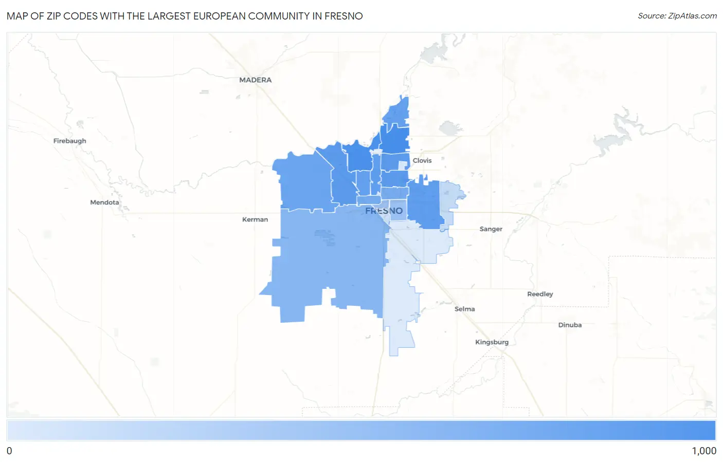 Zip Codes with the Largest European Community in Fresno Map
