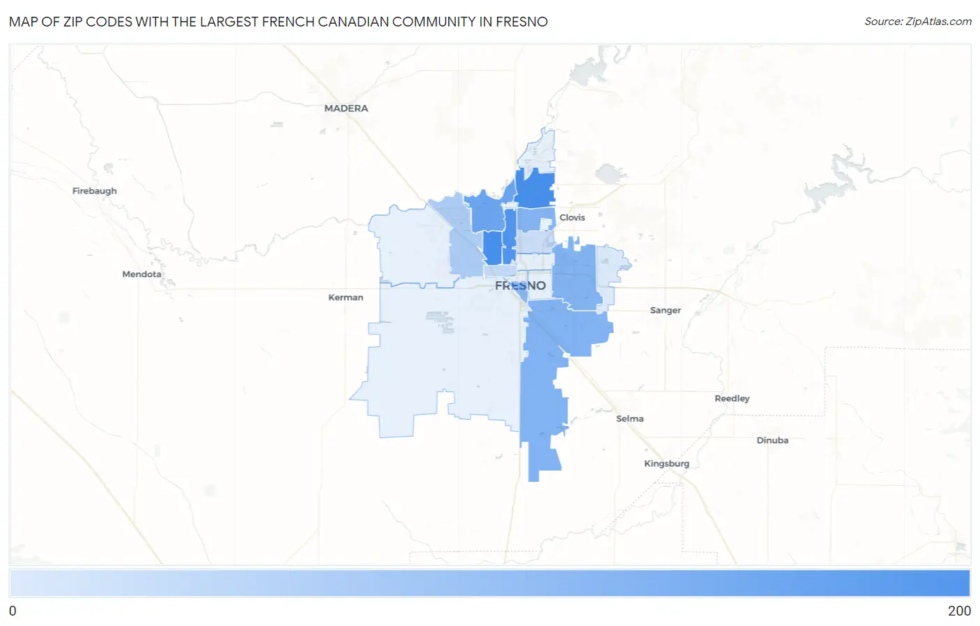 Zip Codes with the Largest French Canadian Community in Fresno Map