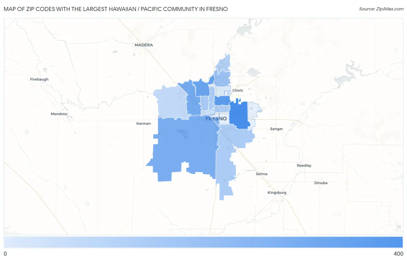 Zip Codes with the Largest Hawaiian / Pacific Community in Fresno Map