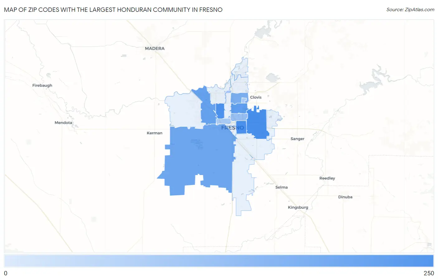 Zip Codes with the Largest Honduran Community in Fresno Map