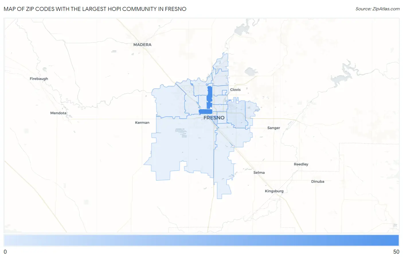 Zip Codes with the Largest Hopi Community in Fresno Map