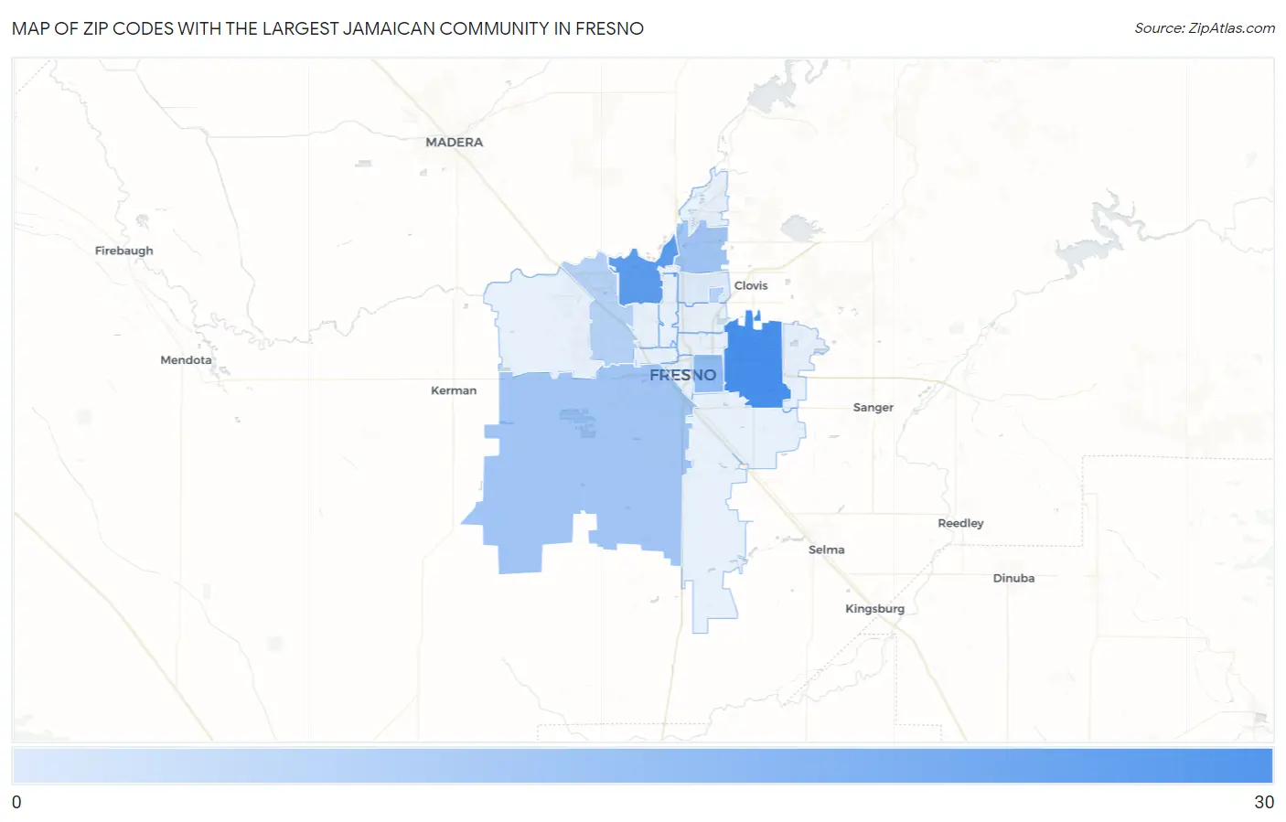 Zip Codes with the Largest Jamaican Community in Fresno Map