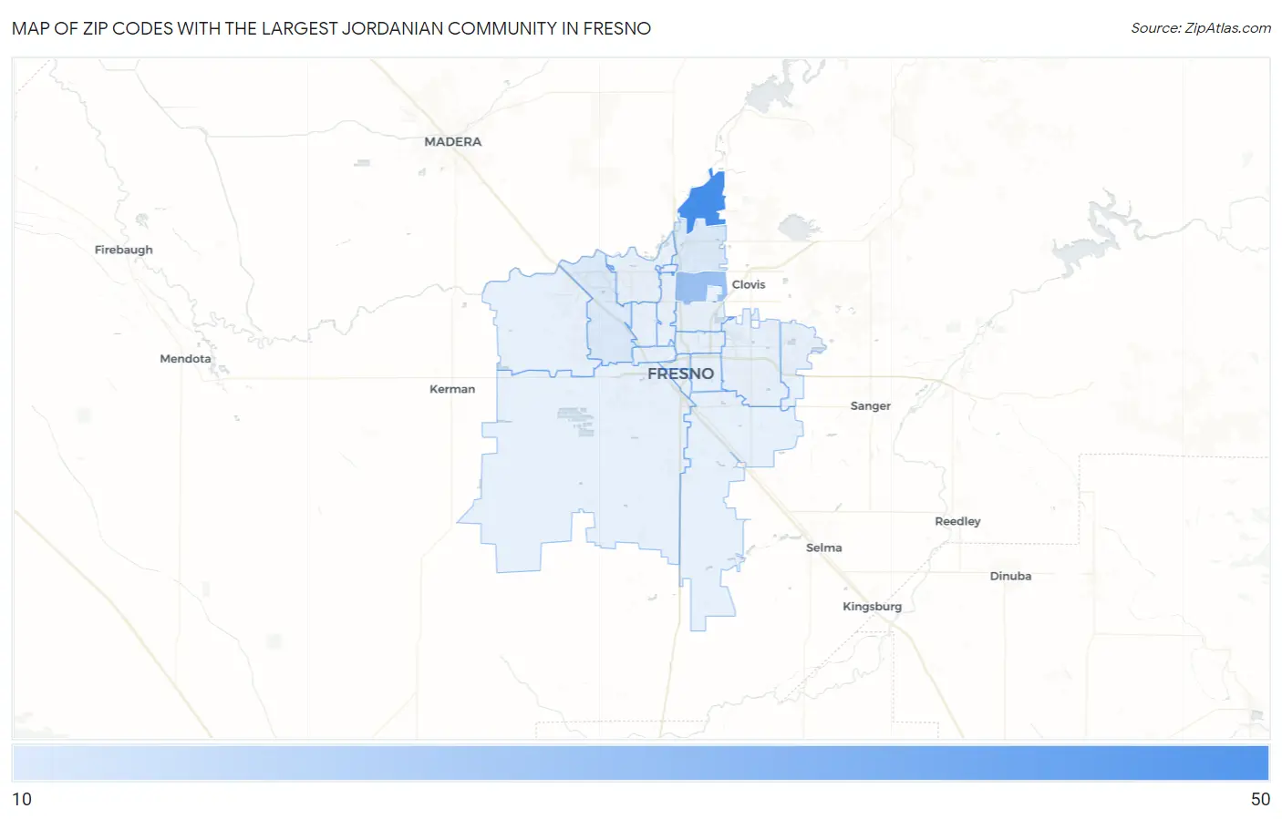 Zip Codes with the Largest Jordanian Community in Fresno Map