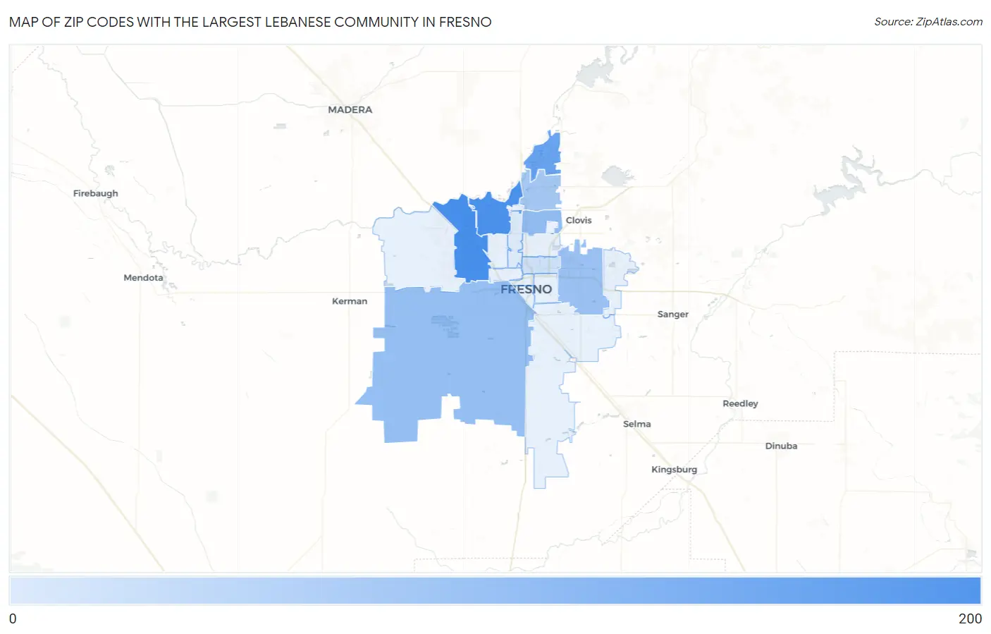 Zip Codes with the Largest Lebanese Community in Fresno Map