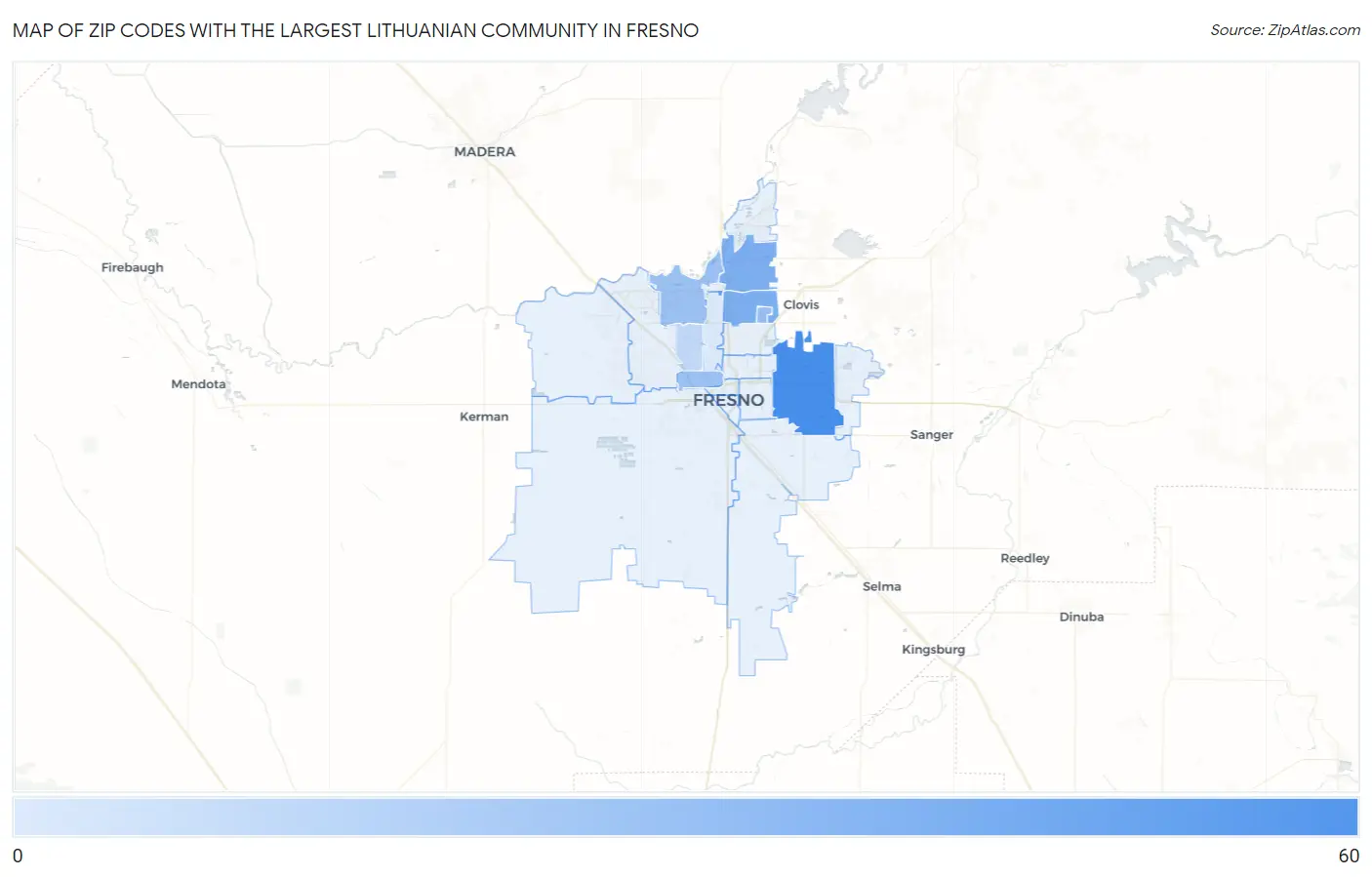Zip Codes with the Largest Lithuanian Community in Fresno Map