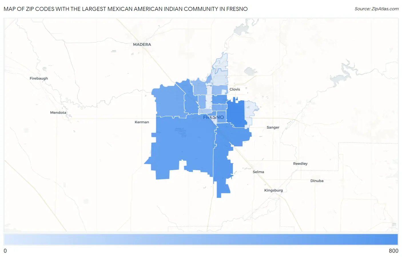 Zip Codes with the Largest Mexican American Indian Community in Fresno Map