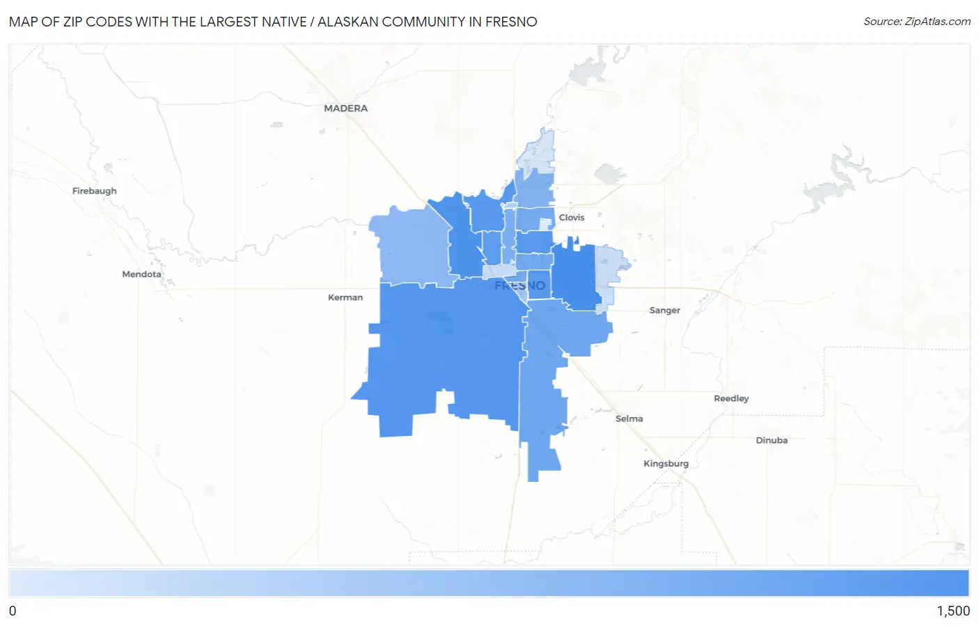 Zip Codes with the Largest Native / Alaskan Community in Fresno Map