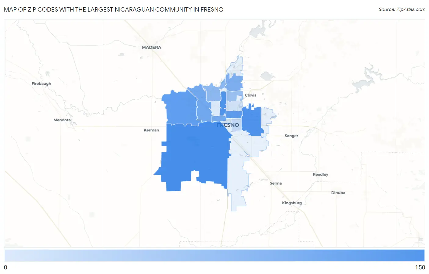 Zip Codes with the Largest Nicaraguan Community in Fresno Map