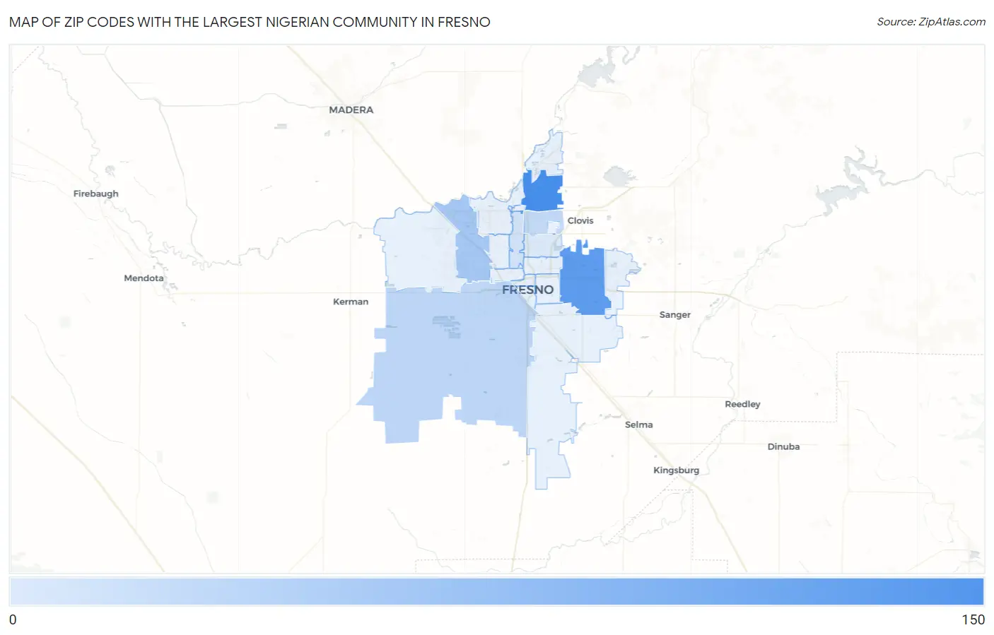 Zip Codes with the Largest Nigerian Community in Fresno Map