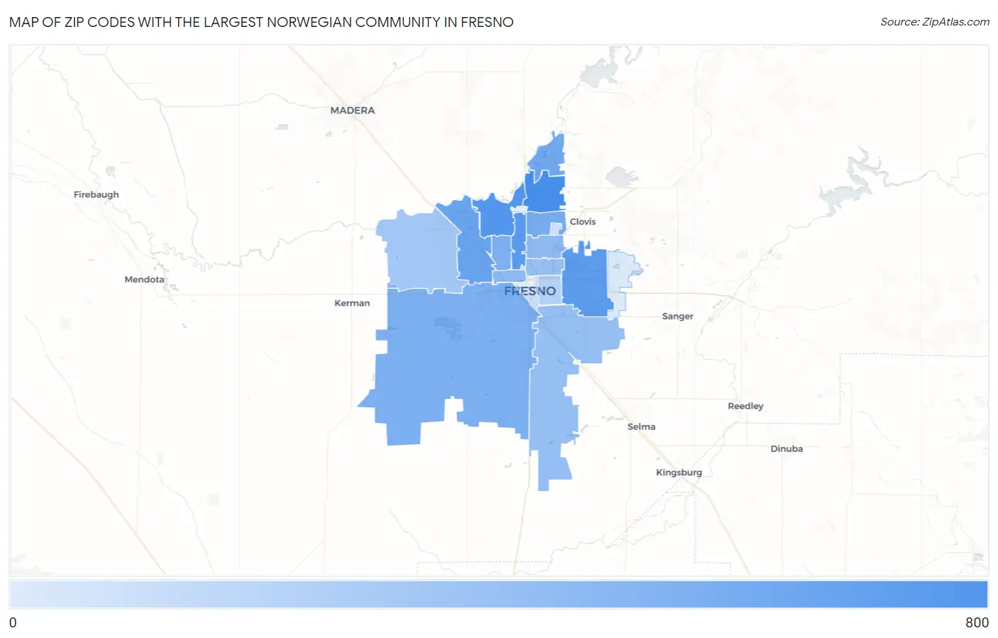 Zip Codes with the Largest Norwegian Community in Fresno Map