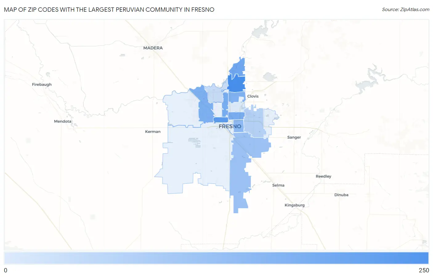 Zip Codes with the Largest Peruvian Community in Fresno Map