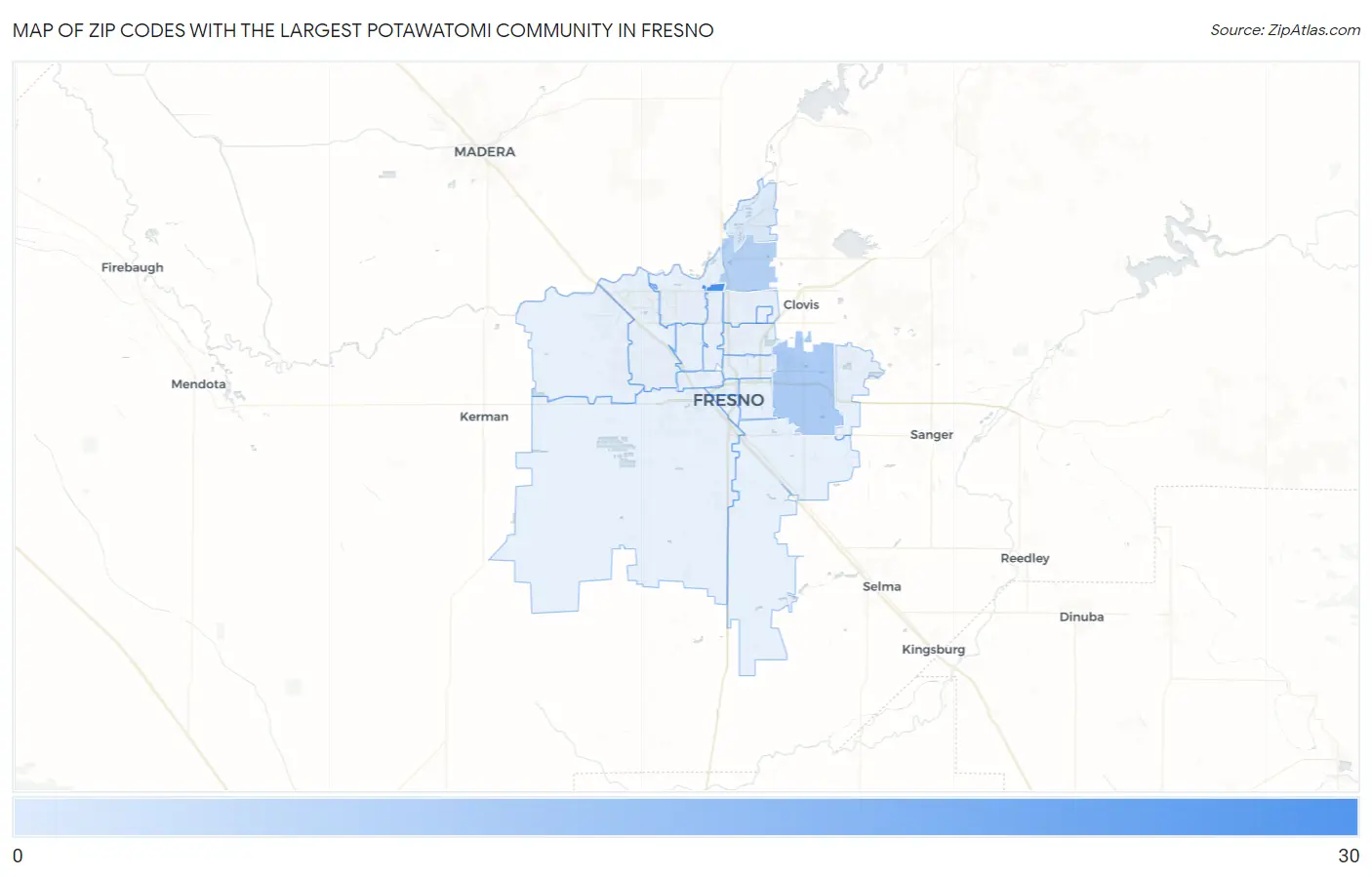 Zip Codes with the Largest Potawatomi Community in Fresno Map