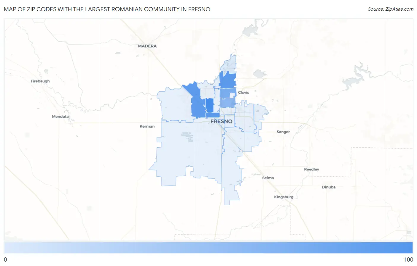 Zip Codes with the Largest Romanian Community in Fresno Map