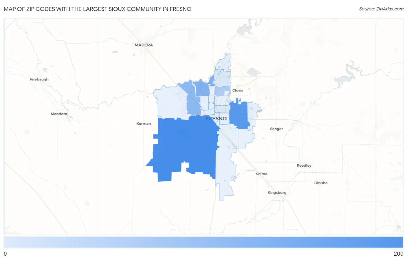 Zip Codes with the Largest Sioux Community in Fresno Map