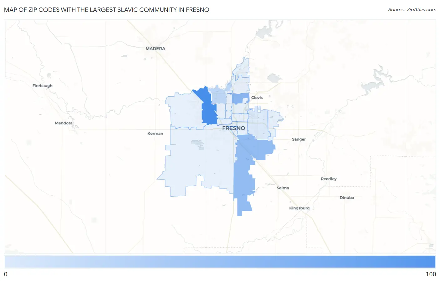 Zip Codes with the Largest Slavic Community in Fresno Map