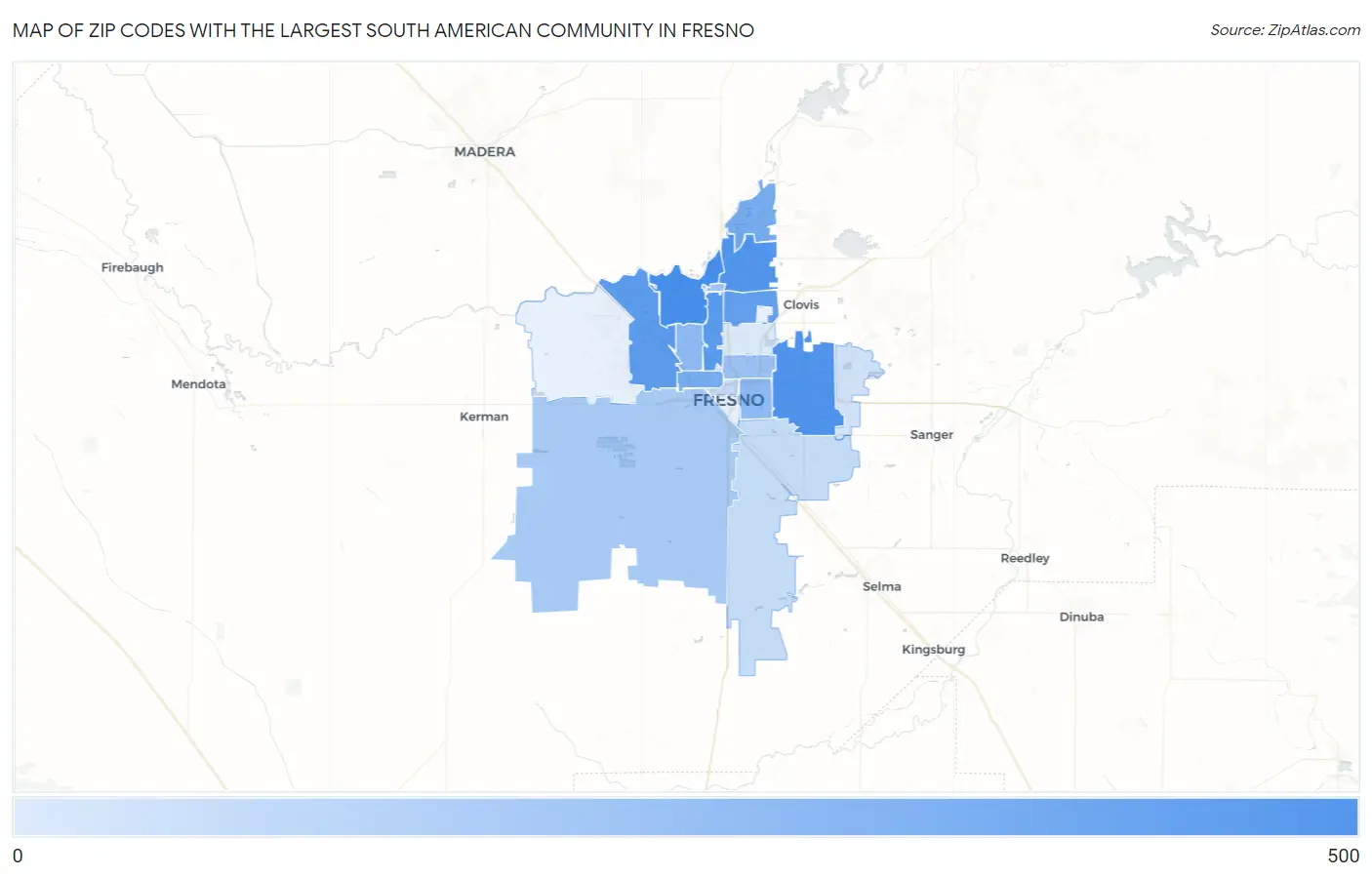 Zip Codes with the Largest South American Community in Fresno Map