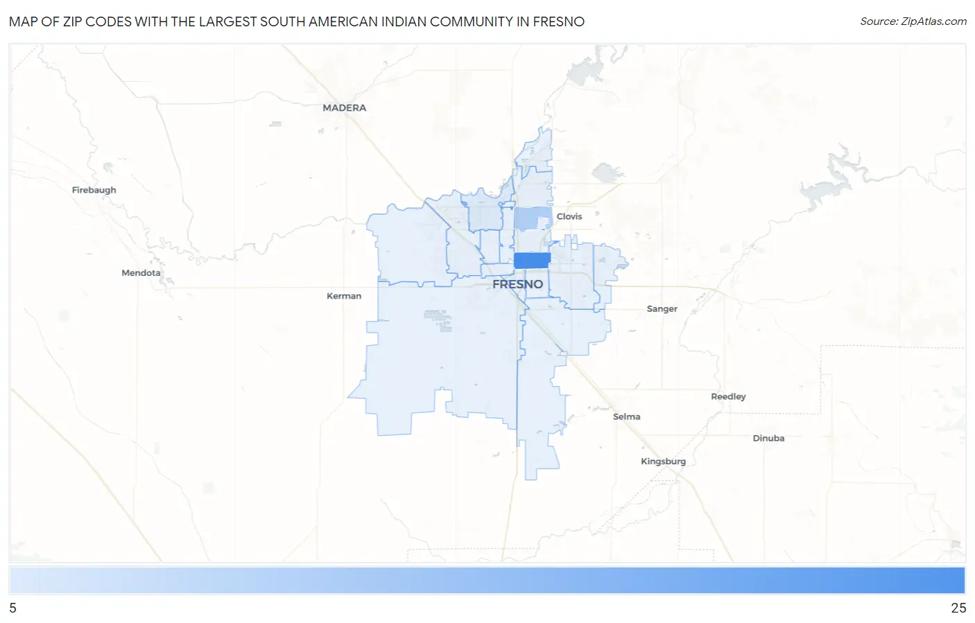 Zip Codes with the Largest South American Indian Community in Fresno Map