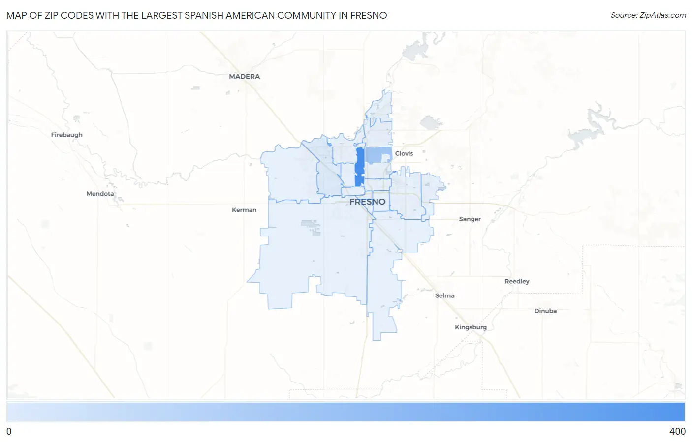 Zip Codes with the Largest Spanish American Community in Fresno Map