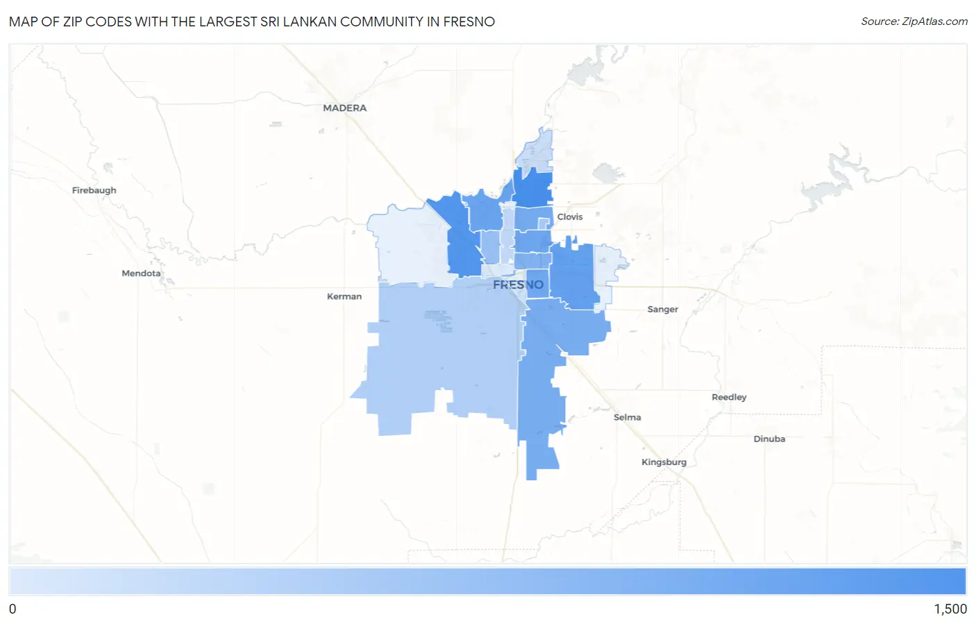 Zip Codes with the Largest Sri Lankan Community in Fresno Map