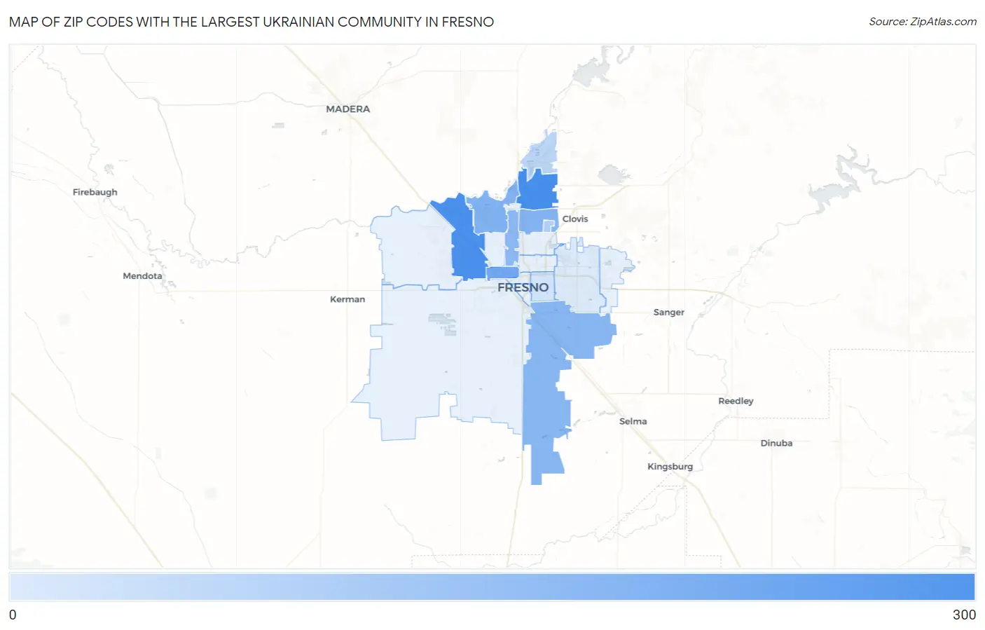 Zip Codes with the Largest Ukrainian Community in Fresno Map